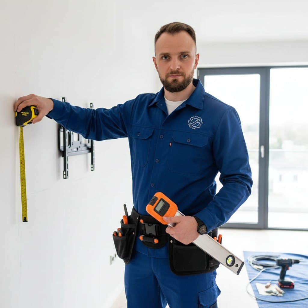 Nick Matveichenko, owner and certified installer at Mountly, measuring a wall bracket before an install